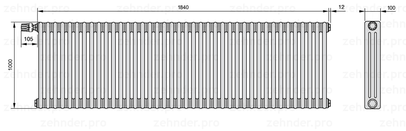 Схема (чертеж) Радиатор Zehnder Charleston 3100/40 №V011 Белый глянцевый RAL 9016
